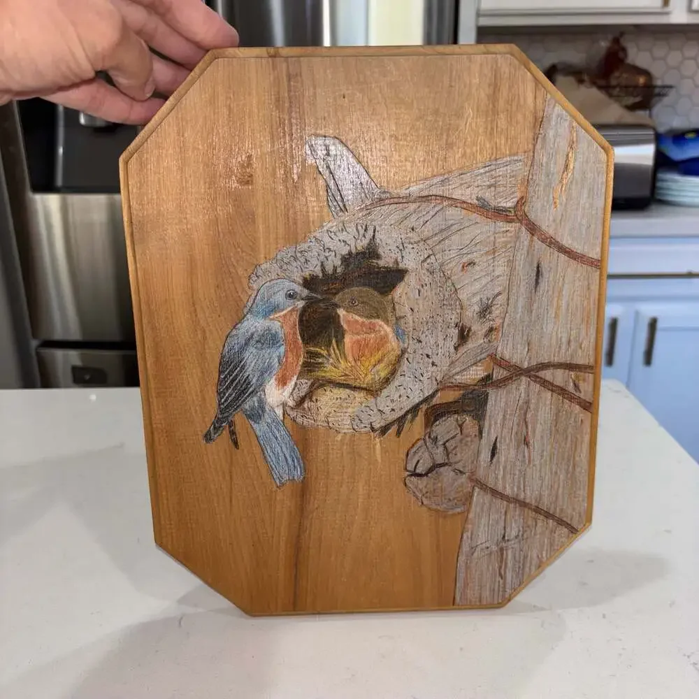 Tom Vandenbosch Handcrafted Bluebirds Wood Burned Pyrography Art Plaque - Picture 3 of 8
